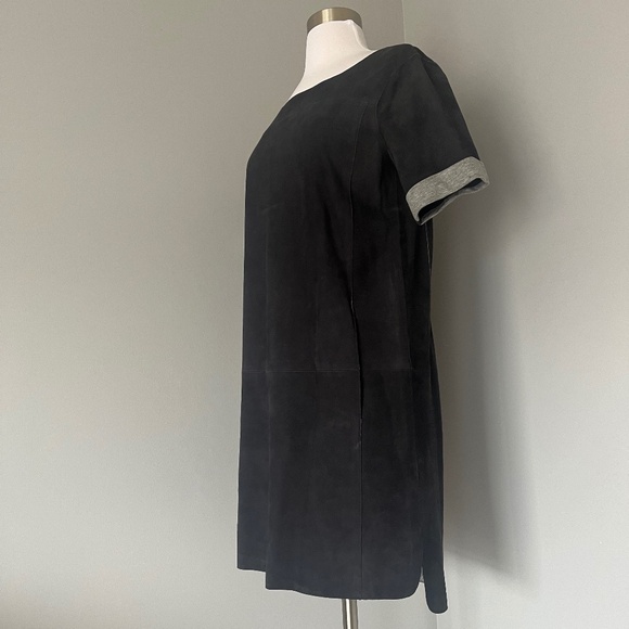 VINCE Navy Bonded Suede Night Out Navy Shift High Low Goat Leather Dress - Picture 5 of 15